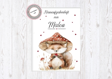 Preview: zuckersüßer Schulheft Umschlag Fuchs Pilz Hausaufgabenheft in seperater Hochwertiger Hülle von Lüttentüddel®